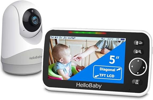 HelloBaby Babyphone mit Kamera & Audio – 5 Zoll Display, 3500 mAh Akku, PTZ-Kamera (Schwenken/Neigen/Zoom), Zwei-Wege-Audio, ECO-Modus, Nachtsicht, bis 293 m Reichweite