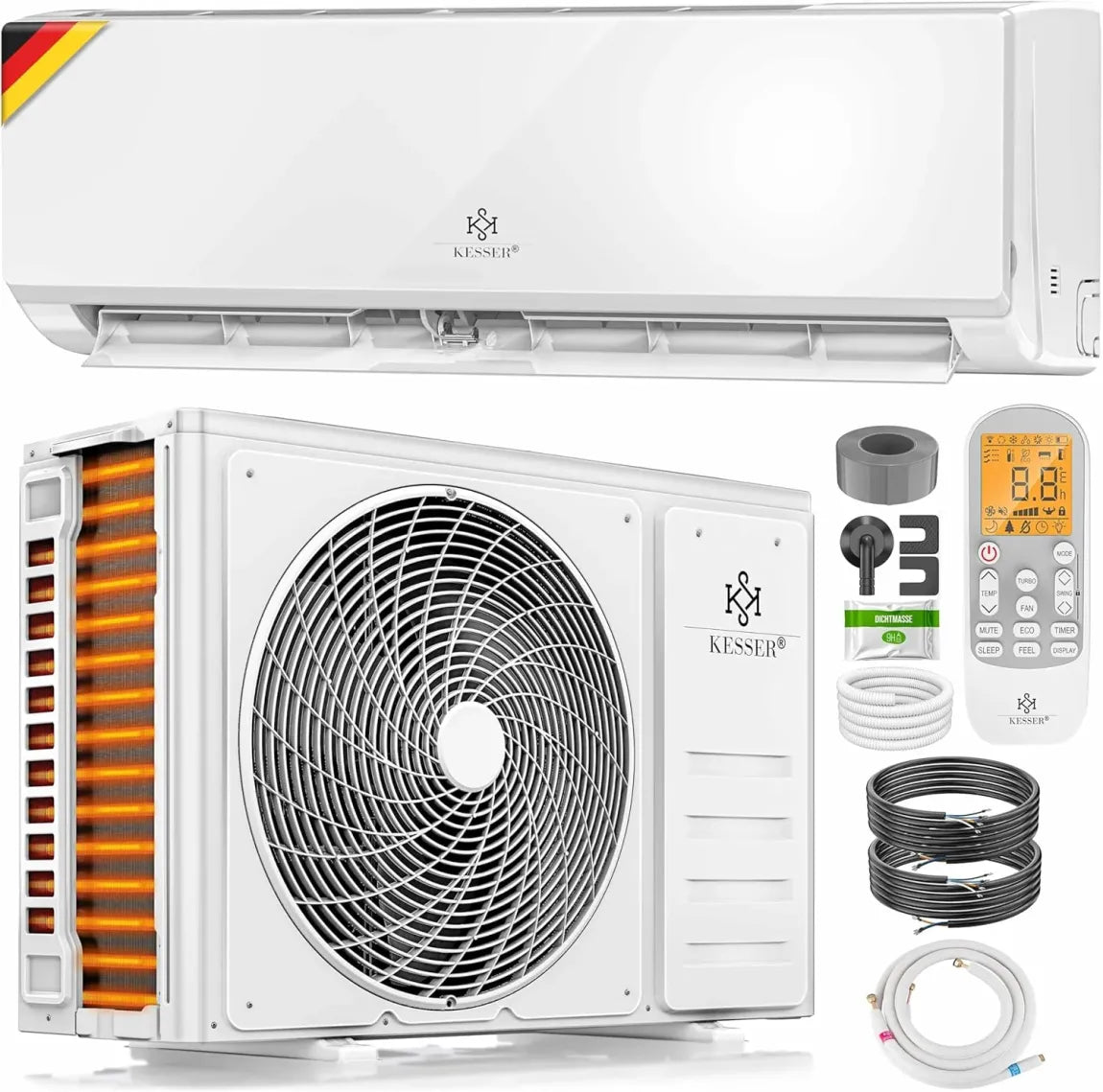 KESSER Klimaanlage Set Split – mit WiFi/App Funktion Klimagerät – Kühlen A++/ Heizen A+ – 9000 BTU/h (2.600 Watt) Kältemittel R32 – Fernbedienung, Timerfunktion – Inkl. komplettem Montagematerial
