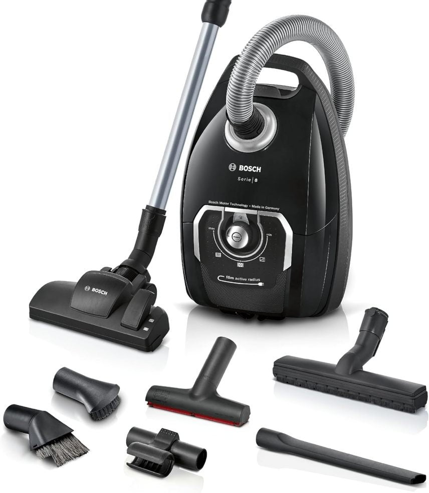 Bosch Staubsauger mit Beutel Serie 8 BGB75X494, Bodenstaubsauger, ideal für Allergiker, Hygiene-Filter, Bodendüse für Parkett, Teppich, Fliesen, langes Kabel, leise, 650 W, blau