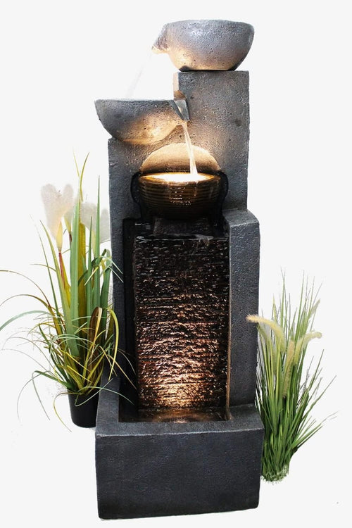 Arnusa Großer Gartenbrunnen mit LED-Beleuchtung – Schwarz/Grau