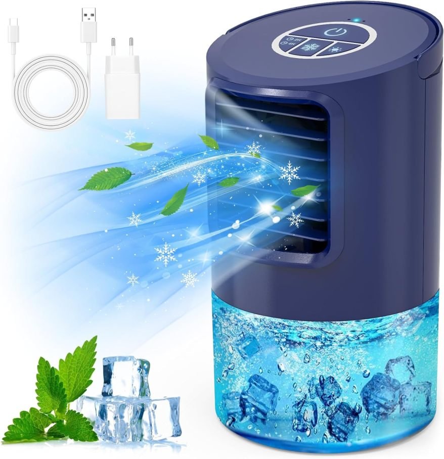 RenFox Klimagerte Mini Luftkühler, 5 in 1 Mobile Klimaanlage, Air Cooler Klimagert, Ventilator, Luftbefeuchter, 3 Geschwindigkeiten, 7 LED Luftkühler Klein für Zuhause und Büro 1