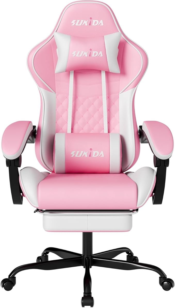 SUKIDA Gaming-Stuhl – Ergonomischer Racing Bürostuhl mit Fußstütze, 90–135° verstellbarer Rückenlehne, Lendenstütze, höhenverstellbar (Pink/Weiß)