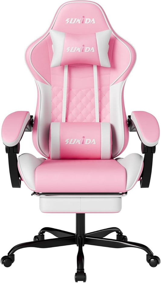 SUKIDA Gaming-Stuhl – Ergonomischer Racing Bürostuhl mit Fußstütze, 90–135° verstellbarer Rückenlehne, Lendenstütze, höhenverstellbar (Pink/Weiß)