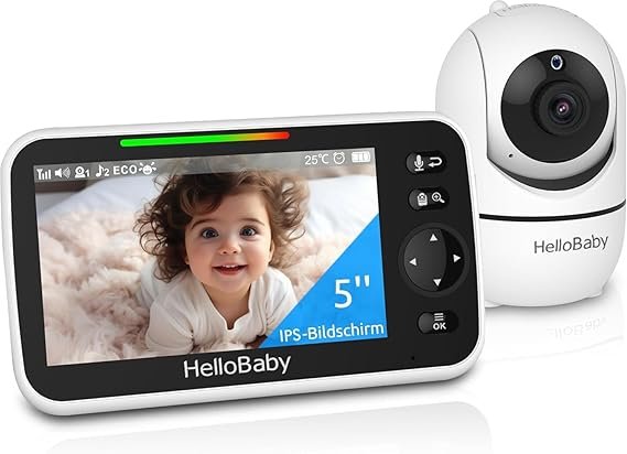 HelloBaby Babyphone mit Kamera – 5 Zoll Display, 30 Std. Akku, 355°/120° PTZ, 2× Zoom, Nachtsicht, Temperaturanzeige, 8 Schlaflieder & 305 m Reichweite (ohne WLAN)