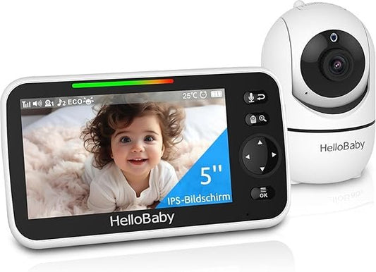 HelloBaby Babyphone mit Kamera – 5 Zoll Display, 30 Std. Akku, 355°/120° PTZ, 2× Zoom, Nachtsicht, Temperaturanzeige, 8 Schlaflieder & 305 m Reichweite (ohne WLAN)