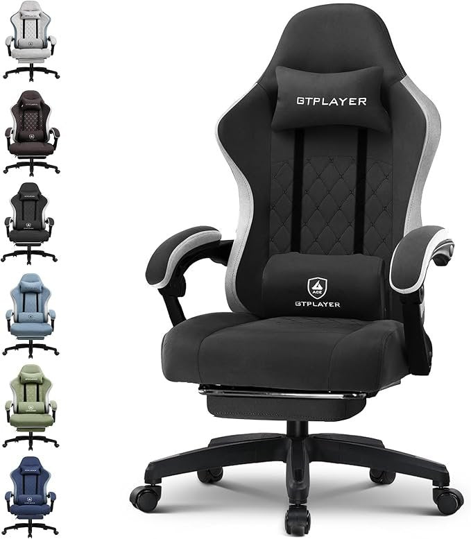 GTPLAYER Gaming-Stuhl – Ergonomischer Bürostuhl mit Stoffbezug, Federkern-Sitz, verbundenen Armlehnen & Fußstütze, 150 kg Belastbarkeit (Hellschwarz)