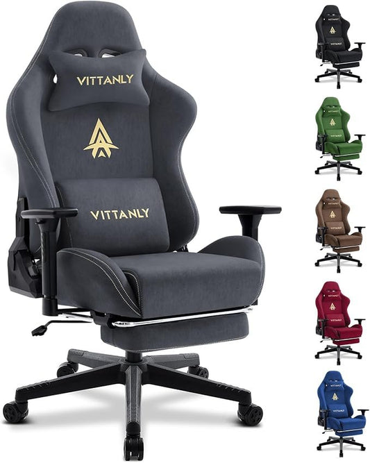 Vittanly Gaming-Stuhl – Ergonomischer Luxus-Bürostuhl mit Kunst-Wildleder, Fußstütze, Kopf- & Lendenkissen, 3D-Armlehnen, 90–155° Rückenlehne (Grau)