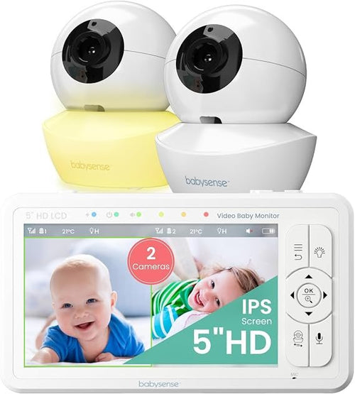 Babysense Babyphone HD 5 Zoll mit 2 Kameras – Video-Baby Monitor ohne WLAN, Nachlicht, Schlaflieder, 300 m Reichweite, Zwei-Wege-Audio, 4× Zoom, 4000 mAh Akku