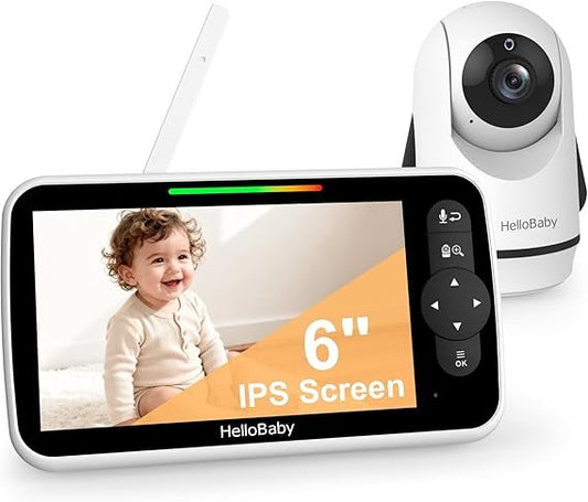 HelloBaby 6-Zoll Video-Babyphone – Baby Monitor mit Kamera & Audio, 4000 mAh Akku, Nachtsicht, ECO-Modus, ohne WLAN, Zwei-Wege-Audio, PTZ-Fernsteuerung & 8 Schlaflieder