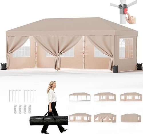 JUMMICO Faltpavillon 3 x 6 m – Wasserdichtes & winterfestes Partyzelt, höhenverstellbar, UV-Schutz 50+, mit 6 Seitenwänden (Beige)
