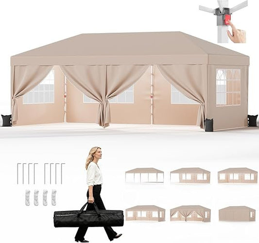 JUMMICO Faltpavillon 3 x 6 m – Wasserdichtes & winterfestes Partyzelt, höhenverstellbar, UV-Schutz 50+, mit 6 Seitenwänden (Beige)