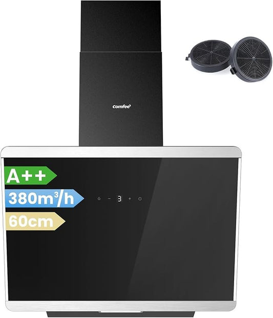 COMFEE CH60J64ET4A2B 60 cm Dunstabzugshaube – A++, 380 m³/h, Abluft & Umluft, Touch-Steuerung, LED, Edelstahl & Glas (Schwarz)