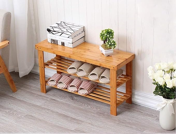 Schuhregal aus Naturbambus, 2 Ebenen, Schuhbank mit Sitzfläche, Platzsparender Schuhorganizer, Mehrzweckregal