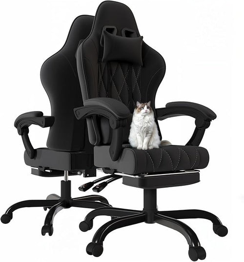 JUMMICO Gaming-Stuhl – Ergonomischer Bürostuhl mit Stoffbezug, Federpolsterung, Massagefunktion, Kopfstütze & Fußstütze, höhenverstellbar, 150 kg Belastbarkeit (Schwarz)