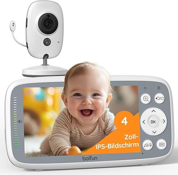 BOIFUN Babyphone mit Kamera (2026) – 4 Zoll 720P Video-Baby Monitor ohne WLAN, Nachtsicht, 10 Std. Akku, Zwei-Wege-Audio, Geräusch- & Temperaturerkennung, 3× Zoom, Schlaflieder