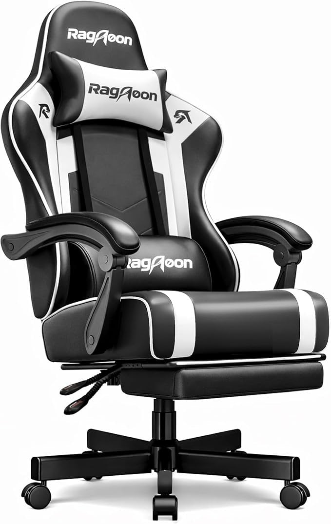 Gaming-Stuhl – Ergonomischer Gamer Bürostuhl mit Fußstütze, Kopfstütze & Lendenstütze, höhenverstellbar, 200 kg Belastbarkeit (Schwarz)