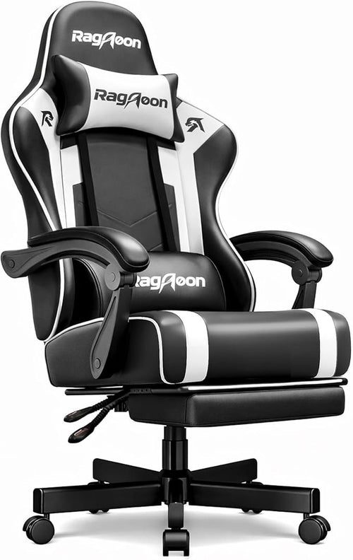 Gaming-Stuhl – Ergonomischer Gamer Bürostuhl mit Fußstütze, Kopfstütze & Lendenstütze, höhenverstellbar, 200 kg Belastbarkeit (Schwarz)