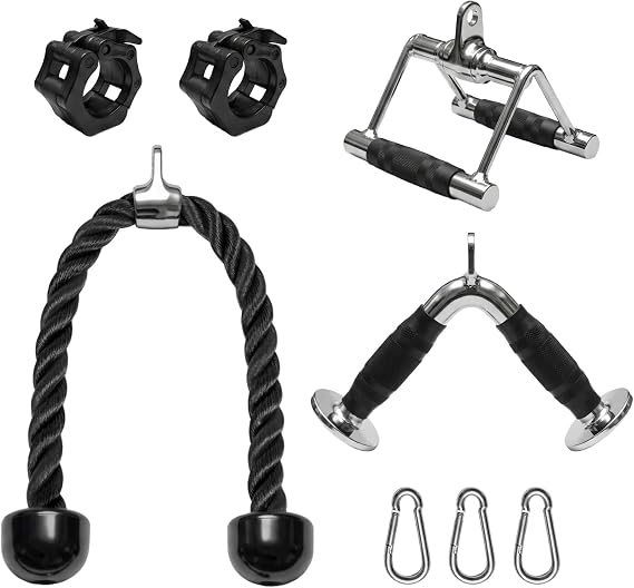 Robuste Kabelzug-Station Aufsätze – Lat Pulldown Set mit V-Bar, Trizepsseil, Doppel-D-Griff, Langhantel-Klemmen & 360° Drehhaken aus legiertem Stahl für Ganzkörper Home Gym Training