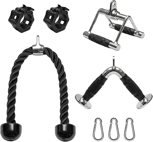 Robuste Kabelzug-Station Aufsätze – Lat Pulldown Set mit V-Bar, Trizepsseil, Doppel-D-Griff, Langhantel-Klemmen & 360° Drehhaken aus legiertem Stahl für Ganzkörper Home Gym Training