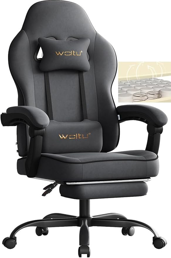 WOLTU Gaming Stuhl mit Taschenfederkern-Sitz, Ergonomischer Drehstuhl, Fußstütze, Lendenkissen, Kopfkissen, 150 kg Belastbarkeit, Grau