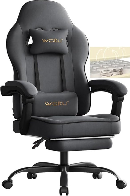WOLTU Gaming Stuhl mit Taschenfederkern-Sitz, Ergonomischer Drehstuhl, Fußstütze, Lendenkissen, Kopfkissen, 150 kg Belastbarkeit, Grau
