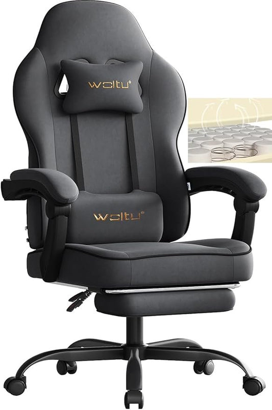 WOLTU Gaming Stuhl mit Taschenfederkern-Sitz, Ergonomischer Drehstuhl, Fußstütze, Lendenkissen, Kopfkissen, 150 kg Belastbarkeit, Grau