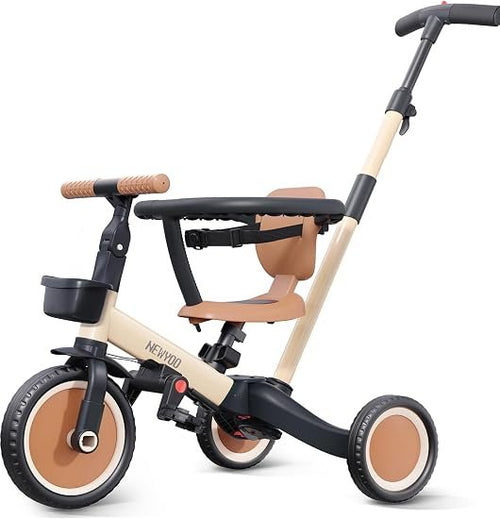 newyoo 5-in-1 Dreirad Balance Bike – Kinderlaufrad 1–3 Jahre mit Schiebestange, verstellbarem Lenker & Sicherheitsbügel (Khaki)