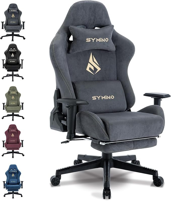 Symino Gaming-Stuhl – Ergonomischer Bürostuhl mit atmungsaktivem Stoff, weicher Oberfläche, Fußstütze, drehbar & verstellbar (Grau)