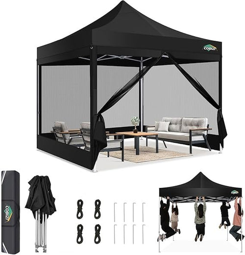 COBIZI Faltpavillon 3 x 3 m – Wasserdichtes & stabiles Pop-Up Gazebo, UV-Schutz, mit Mesh-Seitenwänden, inkl. Tragetasche (Schwarz)