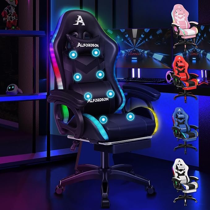 ALFORDSON Gaming-Stuhl – Ergonomischer RGB LED Racing Bürostuhl mit Massagefunktion, Fußstütze, 90–150° verstellbarer Rückenlehne, 180 kg Belastbarkeit (Schwarz)