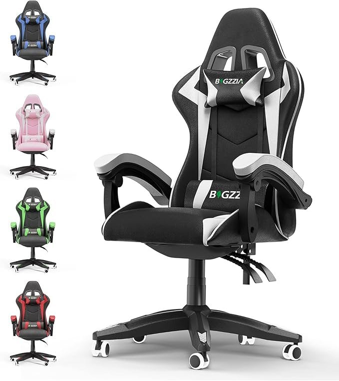 bigzzia Gaming-Stuhl – Ergonomischer Bürostuhl mit Lendenkissen & Kopfstütze, höhenverstellbar, PC-Stuhl für Erwachsene (Schwarz/Weiß)