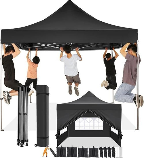 COBIZI Faltpavillon 3 x 3 m – Wasserdichtes Pop-Up Partyzelt, stabil & winterfest, UV-Schutz, mit 4 Seitenwänden & Tragetasche mit Rollen (Schwarz)