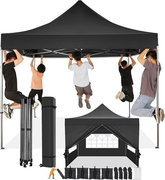 COBIZI Faltpavillon 3 x 3 m – Wasserdichtes Pop-Up Partyzelt, stabil & winterfest, UV-Schutz, mit 4 Seitenwänden & Tragetasche mit Rollen (Schwarz)