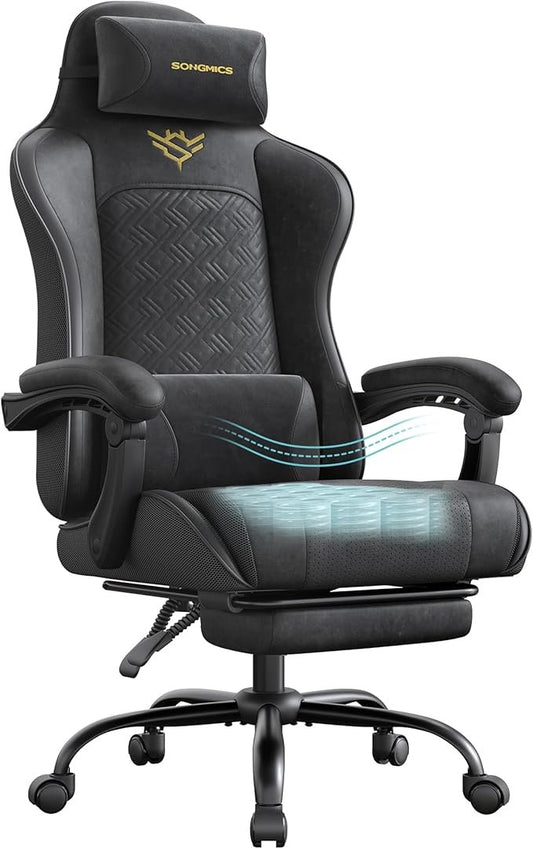 SONGMICS Gaming Chair, Office Chair, Desk Chair, Ergonomic Gaming Chair, Seat Cushion with Springs, Footrest, Armrests with Synchronous Mechanism, Ink Black OBG079B01