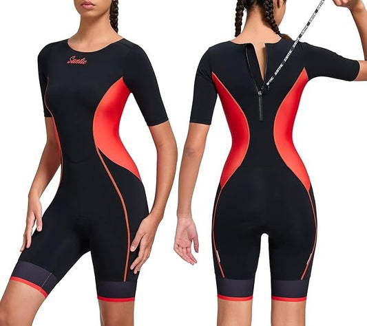 Santic Triathlon-Anzug Damen – Einteiler mit Polsterung, Kurzarm, schnelltrocknend, figurformender Tri Suit für Radfahren & Triathlon