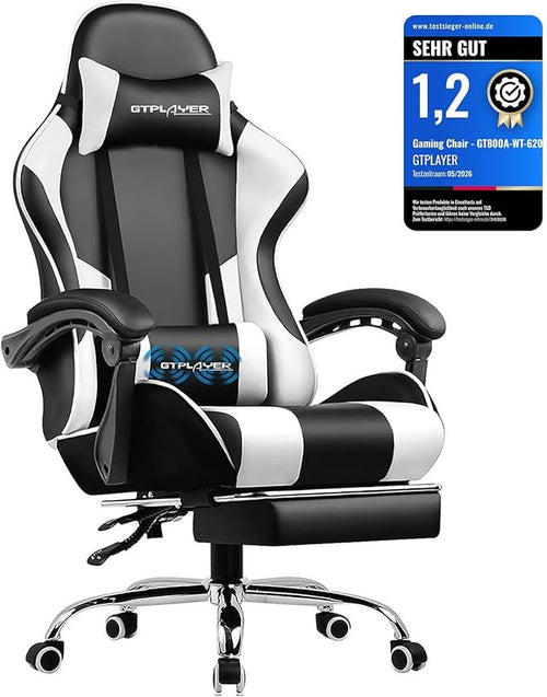 GTPLAYER Gaming-Stuhl – Ergonomischer Bürostuhl mit Fußstütze, Massage-Lendenkissen, gepolstert, drehbar, 150 kg Belastbarkeit (Weiß)