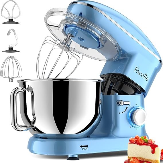 Facelle Küchenmaschine 1500 W, 6,2 L Rührschüssel, Knet-, Schlag- und Schneebesenaufsatz, Spritzschutz, Blau