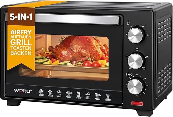 WOLTU Mini Backofen 28L – 1600W, 100–230°C, 3 Heizarten, Timer bis 60 Min, inkl. Backblech & Grillrost (Schwarz)