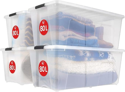 Iris Ohyama Aufbewahrungsboxen 4er-Set 80 L – Große Kunststoffboxen mit Deckel, Clip-Verschluss und Griffen, Transparent (TB-84D)