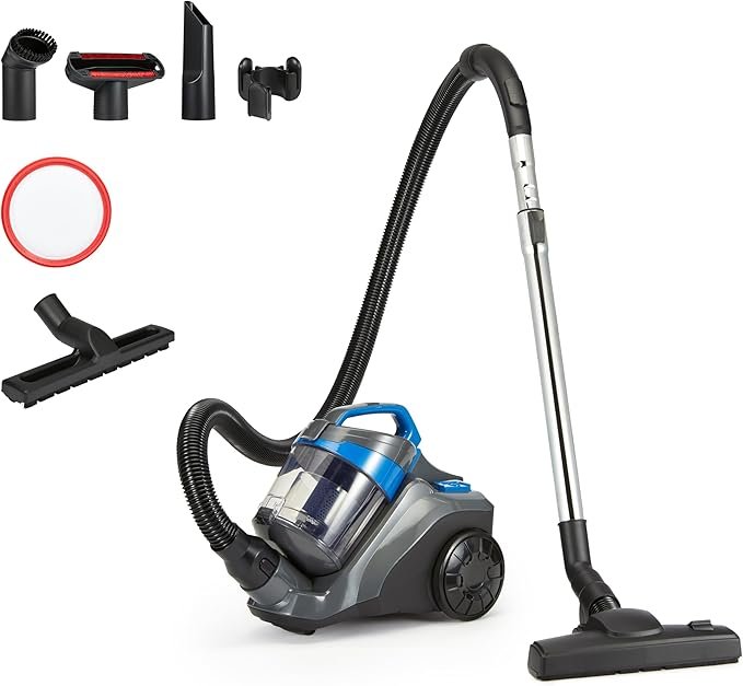 Amazon Basics Beutelloser Bodenstaubsauger, 850 W, 1,7 L Staubbehälter, HEPA-Filter, Kompakt und Leicht, Schwarz/Blau