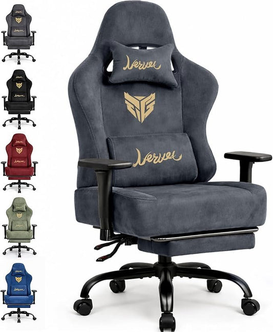 Gaming-Stuhl – Ergonomischer Gamer Bürostuhl mit Wildleder-ähnlichem Stoff, 3D-Armlehnen, verstellbarer Rückenlehne & Fußstütze, 220 kg Belastbarkeit (Grau)