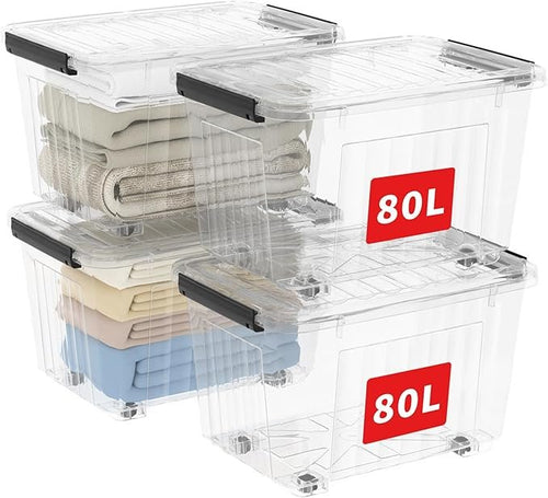 Cetomo Aufbewahrungsbox mit Deckel – 80 L, 4er Pack, stapelbar, transparent, mit Clips, lebensmittelecht, Kunststoff-Boxen