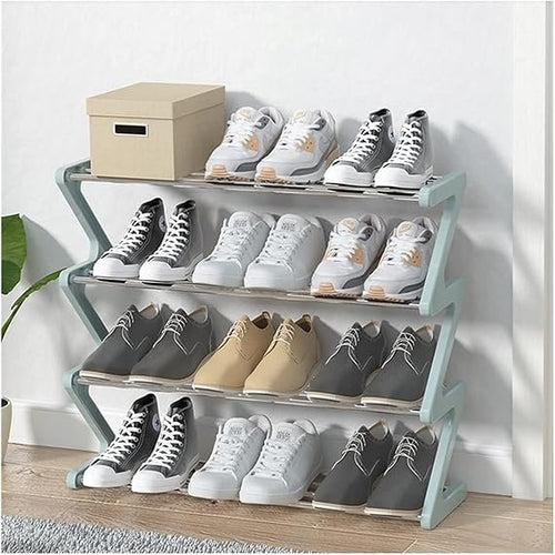 4-stufiges Schuhregal mit Stoffablagen, Metall-Schuhregal, Platzsparender Schuhorganizer für Flur, Wohnzimmer und Garderobe