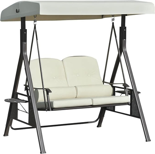 Outsunny 2-Sitzer Hollywoodschaukel – Gartenschaukel mit Verstellbarem Sonnendach, Polstern, Kissen & Ablage, Beige