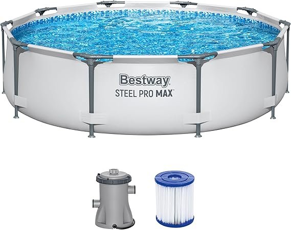 Bestway Steel Pro Max Frame Pool Set mit Filterpumpe Ø 305 x 76 cm – Rundpool, Hellgrau
