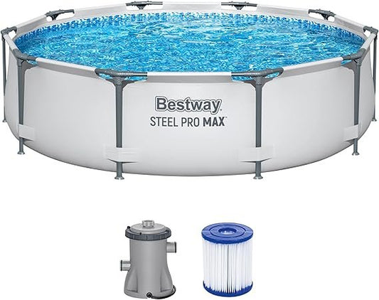 Bestway Steel Pro Max Frame Pool Set mit Filterpumpe Ø 305 x 76 cm – Rundpool, Hellgrau