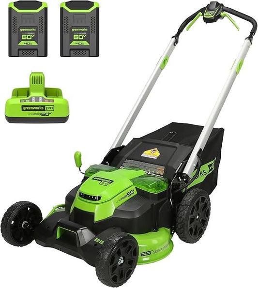 Greenworks 60V 25″ Akku-Rasenmäher – Selbstfahrend, bürstenlos, inkl. 2×4,0Ah Akkus & Dual-Ladegerät, bis zu 80 Min Laufzeit