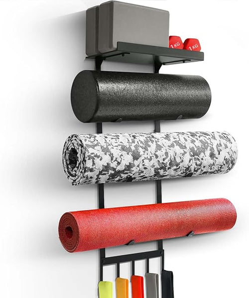 Yoga Mattenhalter Wandmontage – Home Gym Aufbewahrungsregal mit Ablage, 4 Ebenen für Yogamatten, Blöcke & Faszienrollen sowie 5 Haken für Fitnesszubehör