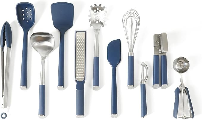 Calphalon Edge Küchenhelfer-Set, 11-teilig, Edelstahl mit Navyblauen Griffen, Kochbesteck-Set für die Küche