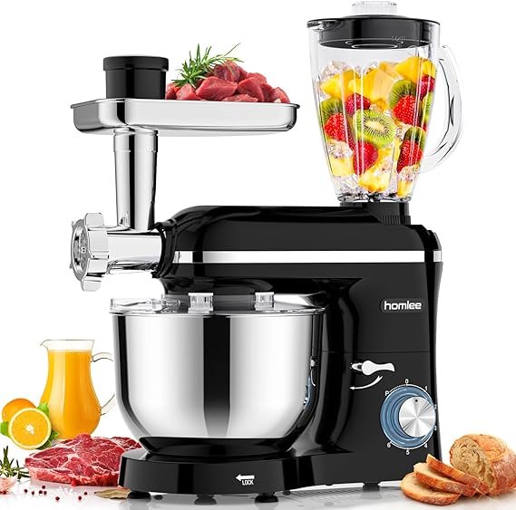 Homlee 3-in-1 Küchenmaschine 2000 W, Multifunktionaler Küchenroboter mit Fleischwolf, Mixer, Gemüseschneider, 5,5 L Rührschüssel